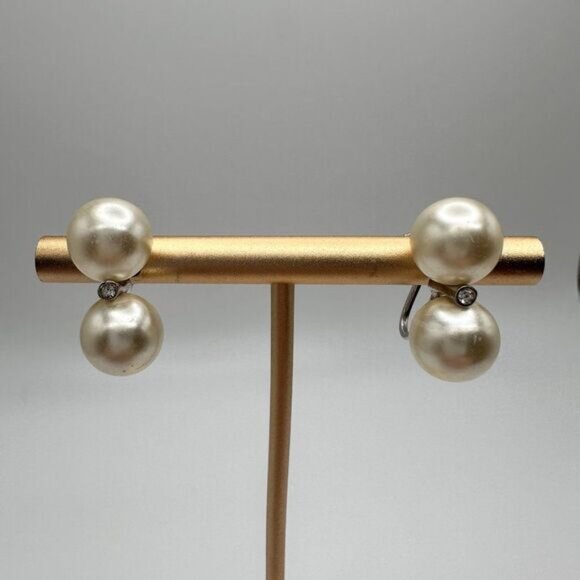 Vintage Double Pearl Costume Earrings Silver Clip On Statement - Picture 2 of 6